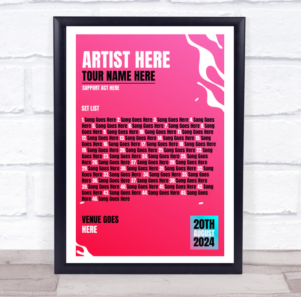 Concert Setlist Poster Print Canvas Bright Pink - Any Artist, Date, Gig, Venue