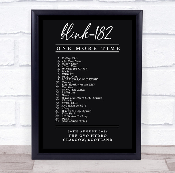 Blink-182 - Concert Setlist Gig Poster Print Canvas Black & White - The OVO Hydro Glasgow Scotland - Aug 30th 2024