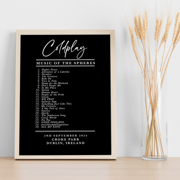 Coldplay - Concert Setlist Gig Poster Print Canvas Black & White - Croke Park Dublin Ireland - Sept 2nd 2024