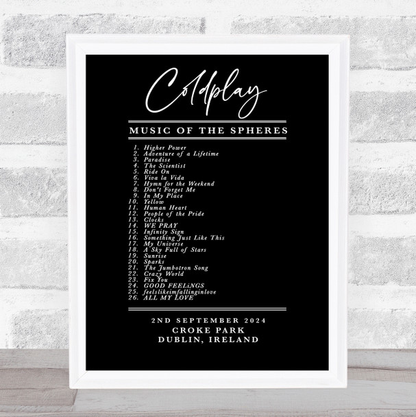 Coldplay - Concert Setlist Gig Poster Print Canvas Black & White - Croke Park Dublin Ireland - Sept 2nd 2024