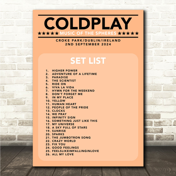 Coldplay - Concert Setlist Gig Poster Print Canvas Coral - Croke Park Dublin Ireland - Sept 2nd 2024 Coldplay - Concert Setlist Gig Poster Print Canvas Coral - Croke Park Dublin Ireland - Sept 2nd 2024