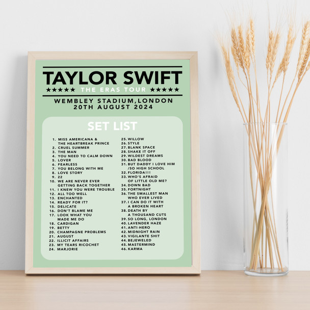 Taylor Swift - Concert Setlist Gig Poster Print Canvas Green - Wembley London England - Aug 20 2024