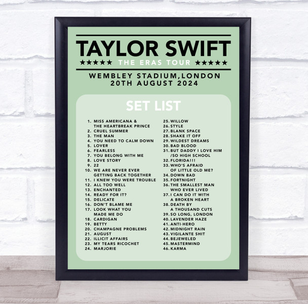 Taylor Swift - Concert Setlist Gig Poster Print Canvas Green - Wembley London England - Aug 20 2024