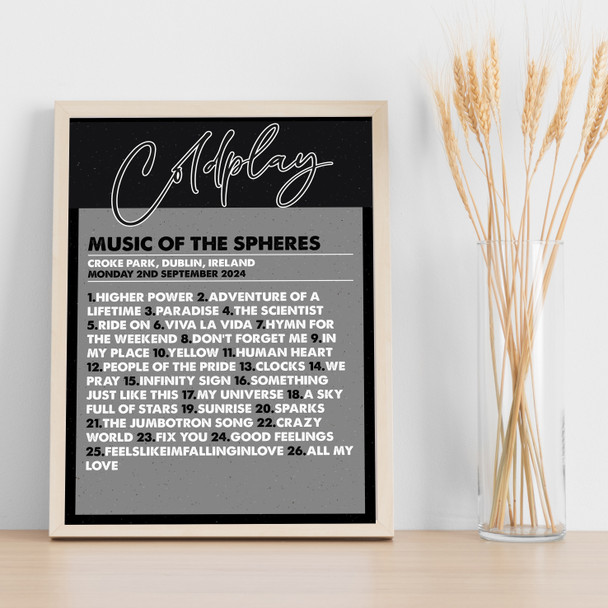 Coldplay - Concert Setlist Gig Poster Print Canvas Black & Grey - Croke Park Dublin Ireland - Sept 2nd 2024
