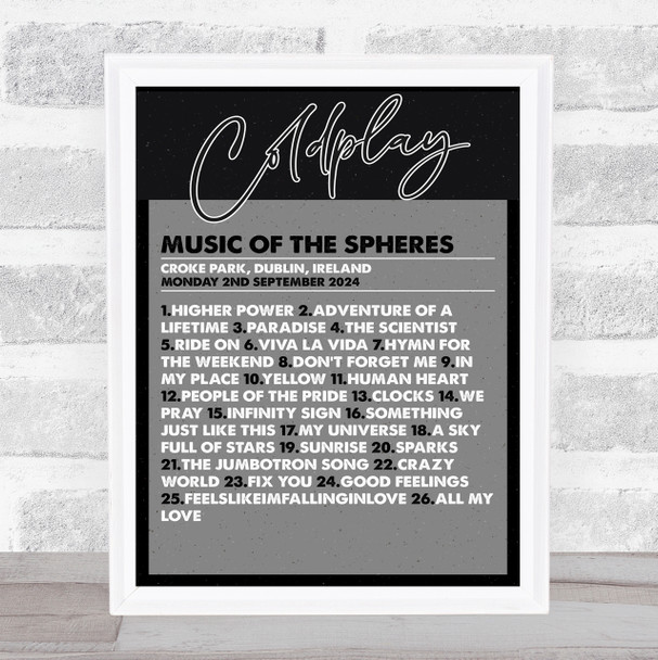 Coldplay - Concert Setlist Gig Poster Print Canvas Black & Grey - Croke Park Dublin Ireland - Sept 2nd 2024
