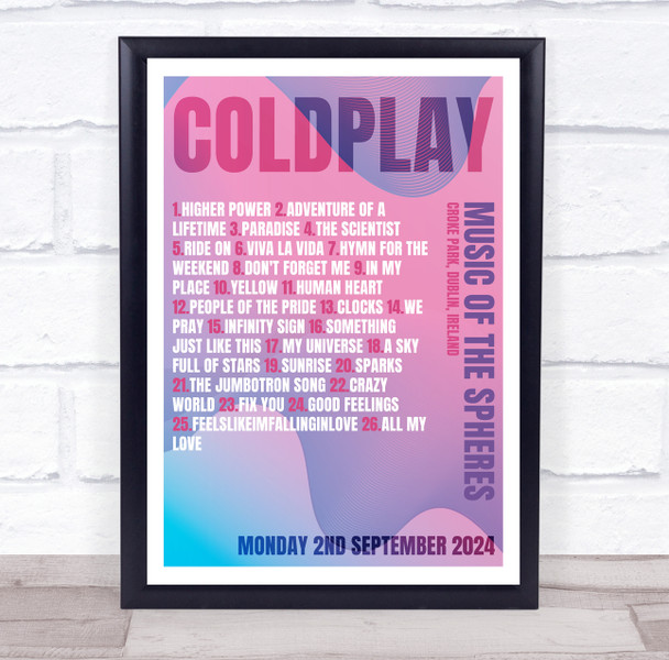 Coldplay - Concert Setlist Gig Poster Print Canvas Pink Purple - Croke Park Dublin Ireland - Sept 2nd 2024