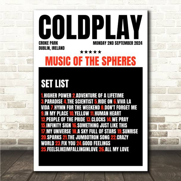 Coldplay - Concert Setlist Gig Poster Print Canvas Black Red - Croke Park Dublin Ireland - Sept 2nd 2024