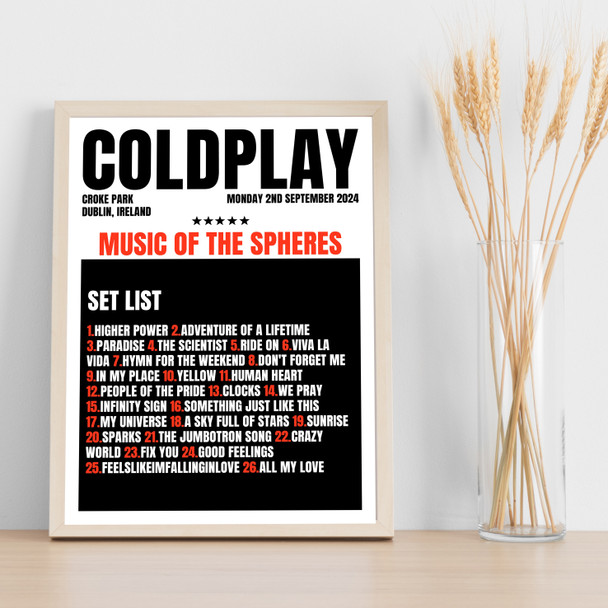 Coldplay - Concert Setlist Gig Poster Print Canvas Black Red - Croke Park Dublin Ireland - Sept 2nd 2024