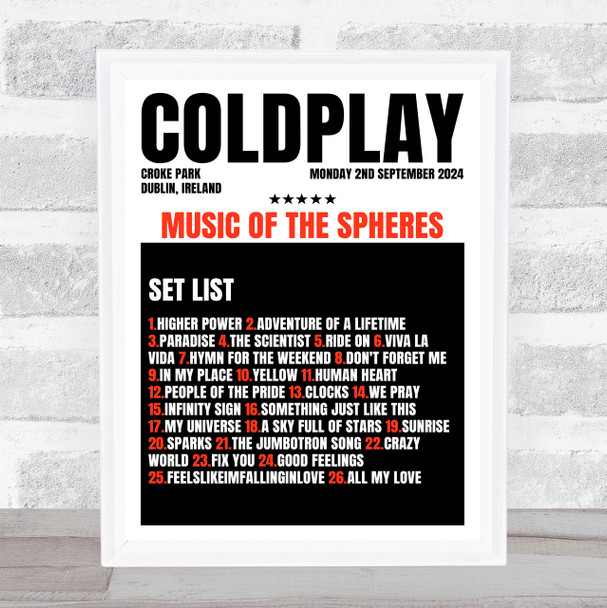 Coldplay - Concert Setlist Gig Poster Print Canvas Black Red - Croke Park Dublin Ireland - Sept 2nd 2024