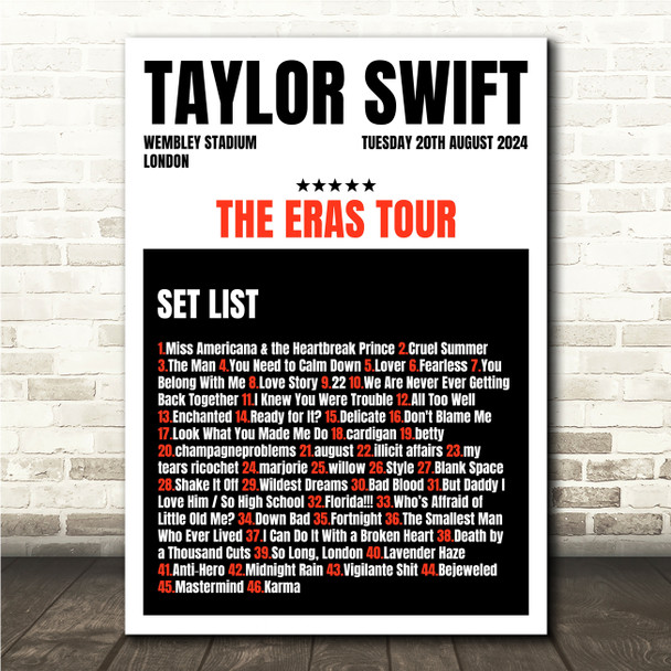 Taylor Swift - Concert Setlist Gig Poster Print Canvas Black Red - Wembley London England - Aug 20 2024