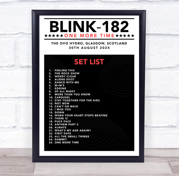 Blink-182 - Concert Setlist Gig Poster Print Canvas Black White Red - The OVO Hydro Glasgow Scotland - Aug 30th 2024