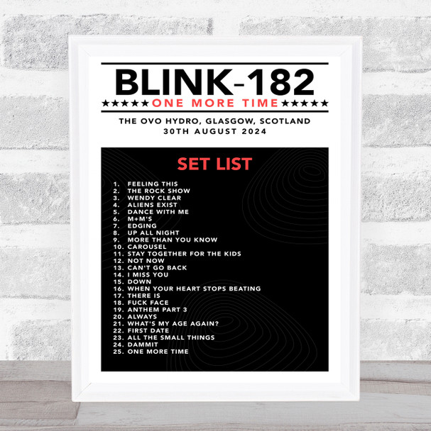 Blink-182 - Concert Setlist Gig Poster Print Canvas Black White Red - The OVO Hydro Glasgow Scotland - Aug 30th 2024