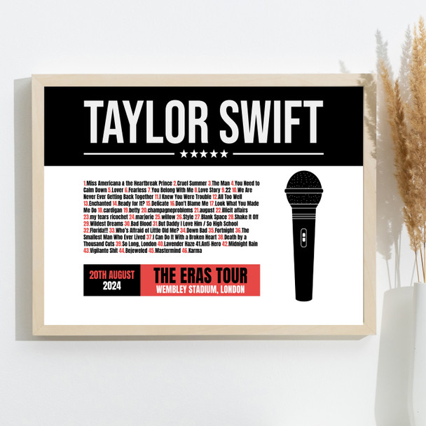 Taylor Swift - Concert Setlist Gig Poster Print Canvas Black Red Mic - Wembley London England - Aug 20 2024