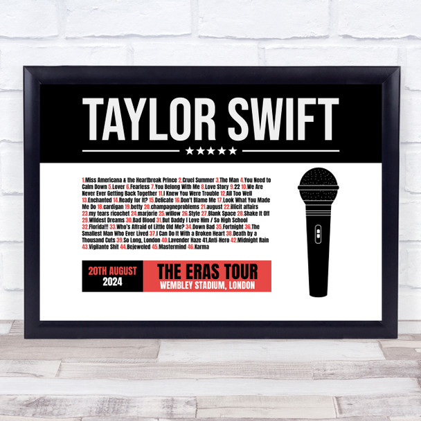 Taylor Swift - Concert Setlist Gig Poster Print Canvas Black Red Mic - Wembley London England - Aug 20 2024