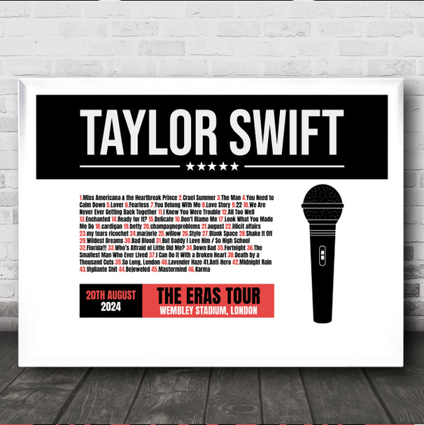 Taylor Swift - Concert Setlist Gig Poster Print Canvas Black Red Mic - Wembley London England - Aug 20 2024