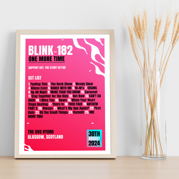 Blink-182 - Concert Setlist Gig Poster Print Canvas Bright Pink - The OVO Hydro Glasgow Scotland - Aug 30th 2024