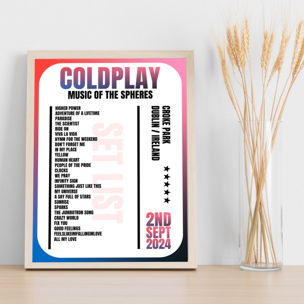 Coldplay - Concert Setlist Gig Poster Print Canvas Blue Pink - Croke Park Dublin Ireland - Sept 2nd 2024