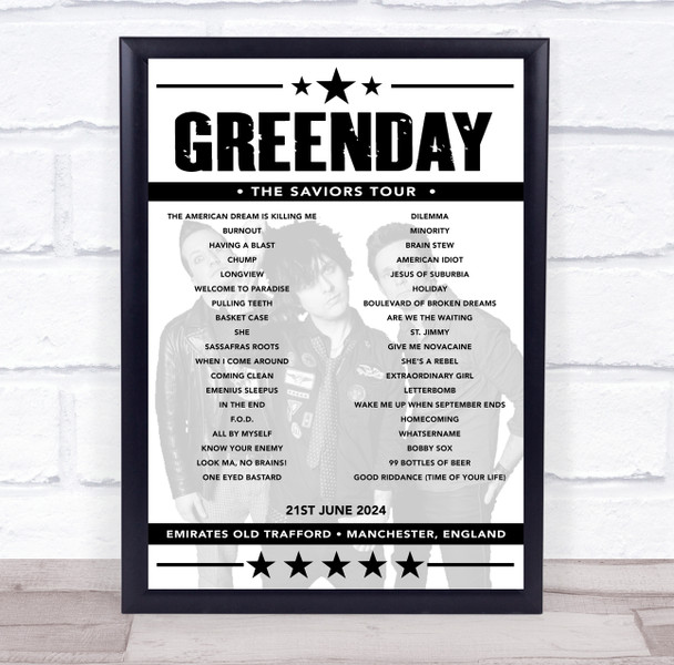 Greenday - Concert Setlist Poster Print Canvas - Emirates Old Trafford, Manchester, England - June 21st 2024