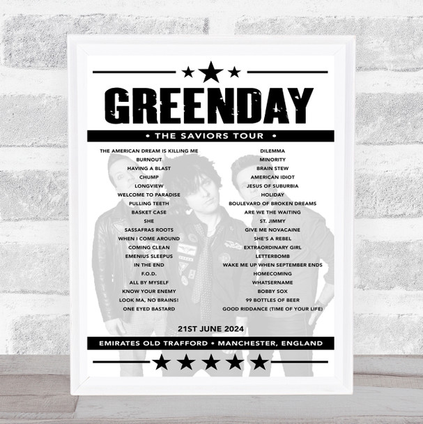 Greenday - Concert Setlist Poster Print Canvas - Emirates Old Trafford, Manchester, England - June 21st 2024