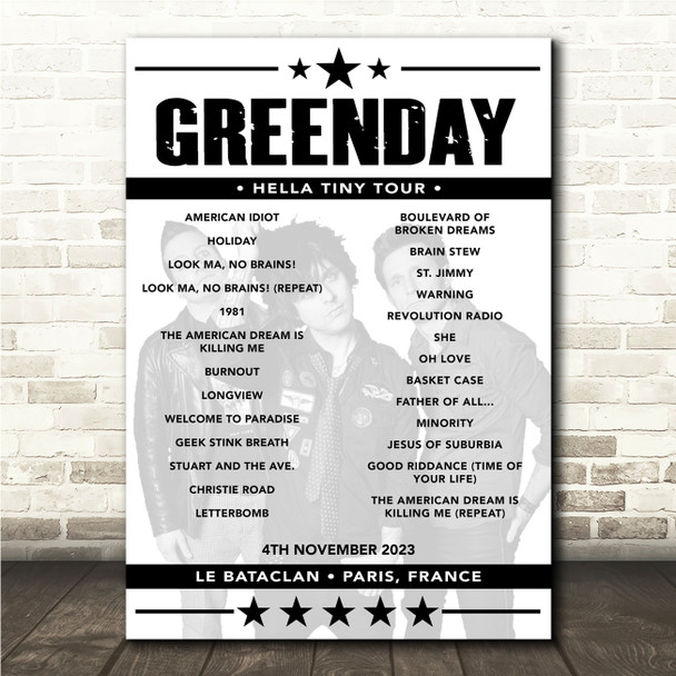 Greenday - Concert Setlist Poster Print Canvas - Le Bataclan, Paris, France - November 4th 2023