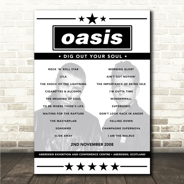 Oasis - Concert Setlist Poster Print Canvas - Aberdeen Exhibition and Conference Centre, Aberdeen, Scotland - November 2nd 2008