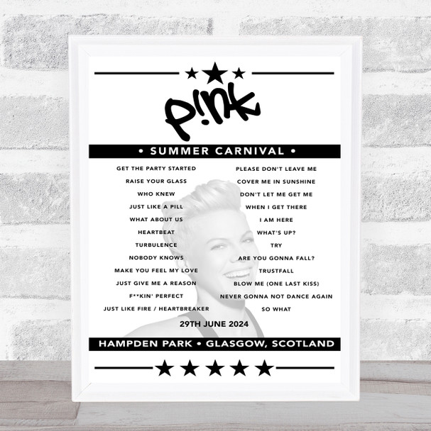 P!nk - Concert Setlist Poster Print Canvas - Hampden Park, Glasgow, Scotland - June 29th 2024