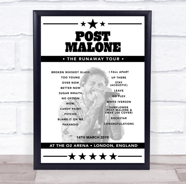 Post Malone - Concert Setlist Poster Print Canvas - The O2 Arena, London, England - March 14th 2019 Post Malone - Concert Setlist Poster Print Canvas - The O2 Arena, London, England - March 14th 2019