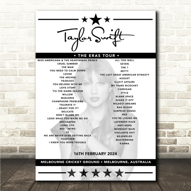 Taylor Swift - Concert Setlist Poster Print Canvas - Melbourne Cricket Ground, Melbourne, Australia - February 16th 2024 Taylor Swift - Concert Setlist Poster Print Canvas - Melbourne Cricket Ground, Melbourne, Australia - February 16th 2024
