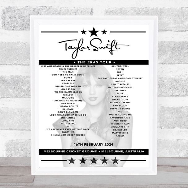 Taylor Swift - Concert Setlist Poster Print Canvas - Melbourne Cricket Ground, Melbourne, Australia - February 16th 2024 Taylor Swift - Concert Setlist Poster Print Canvas - Melbourne Cricket Ground, Melbourne, Australia - February 16th 2024