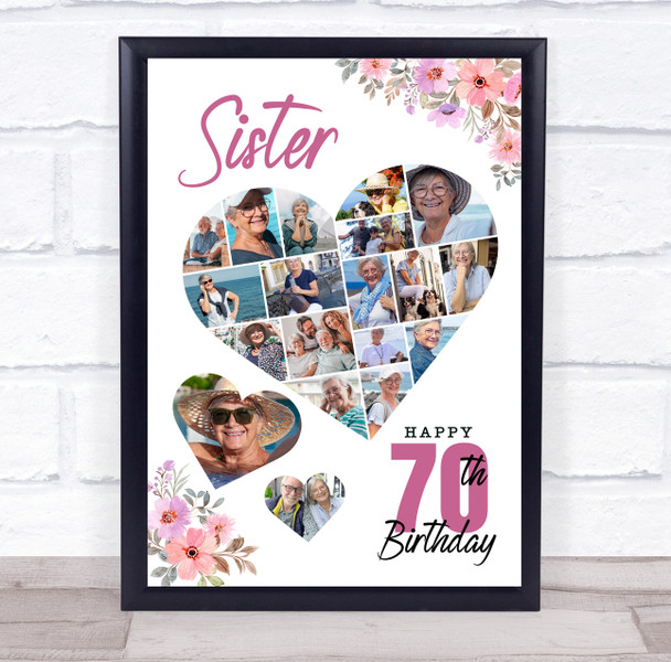 Photo Collage 70th Birthday Gift For Sister 19-Photo Floral Print Or Canvas