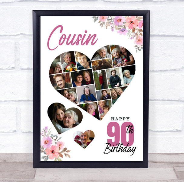 Photo Collage 90th Birthday Gift For Cousin 19-Photo Floral Print Or Canvas