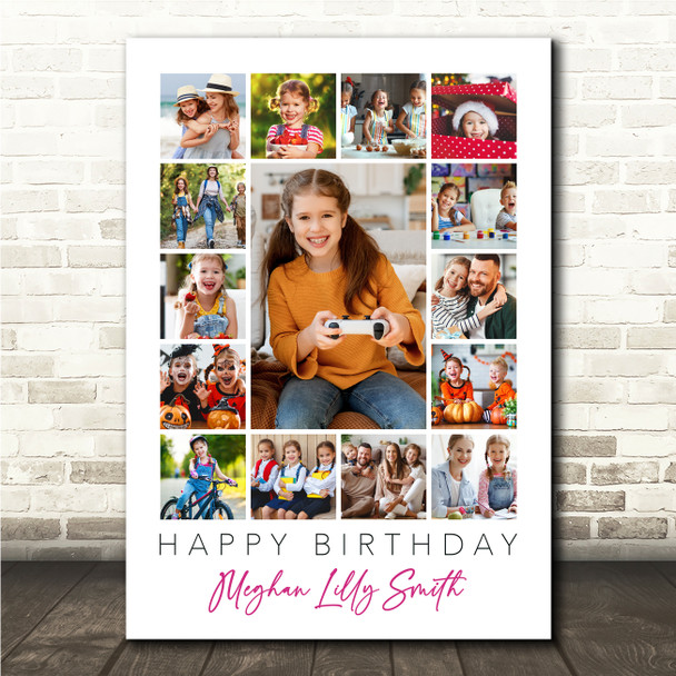 Photo Collage Kids Girls Birthday Custom Gift 15-Photo Pink Print Or Canvas