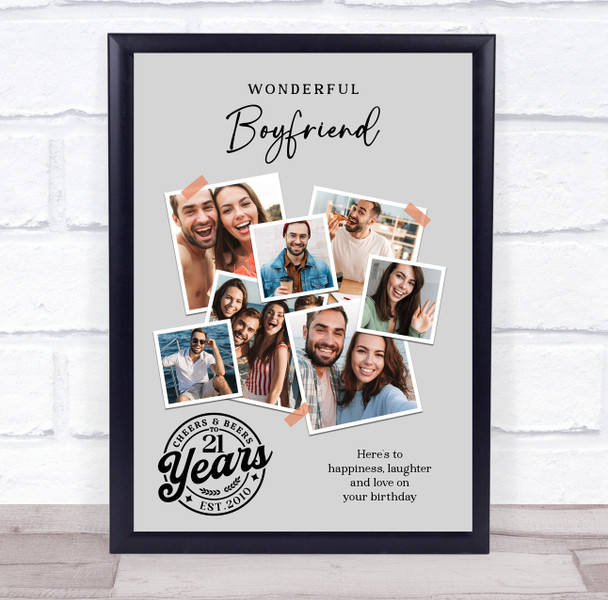 Photo Collage 21st Birthday Gift For Boyfriend 7-Photo Grey Print Or Canvas