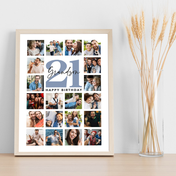 Photo Collage 21st Birthday Gift For Grandson 20-Photo Blue Print Or Canvas