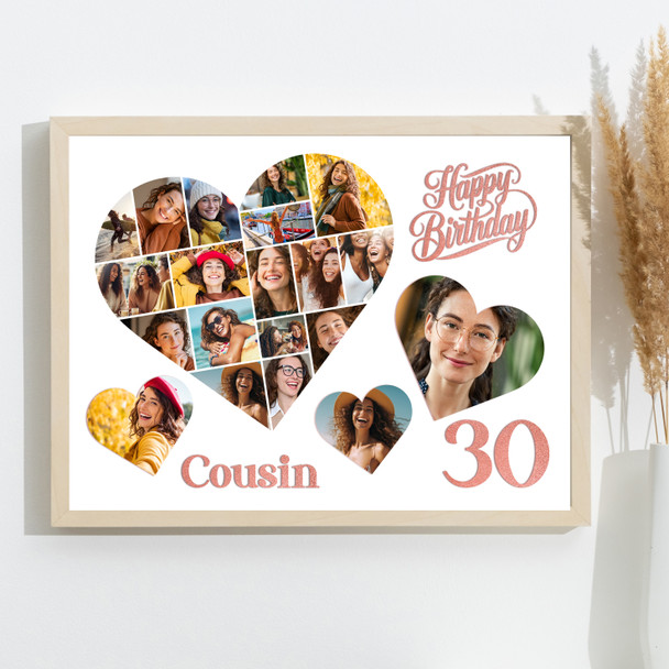 Photo Collage 30th Birthday Gift For Cousin 20-Photo Hearts Print Or Canvas