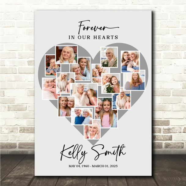 Photo Collage Memorial Gift For Anyone 16-Photo Grey Heart Print Or Canvas