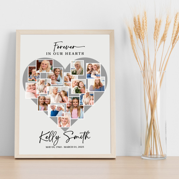Photo Collage Memorial Gift For Anyone 16-Photo Grey Heart Print Or Canvas