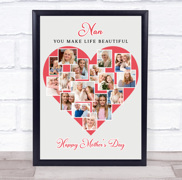 Photo Collage Gift For Nan Mother's Day 16-Photo Red Heart Print Or Canvas