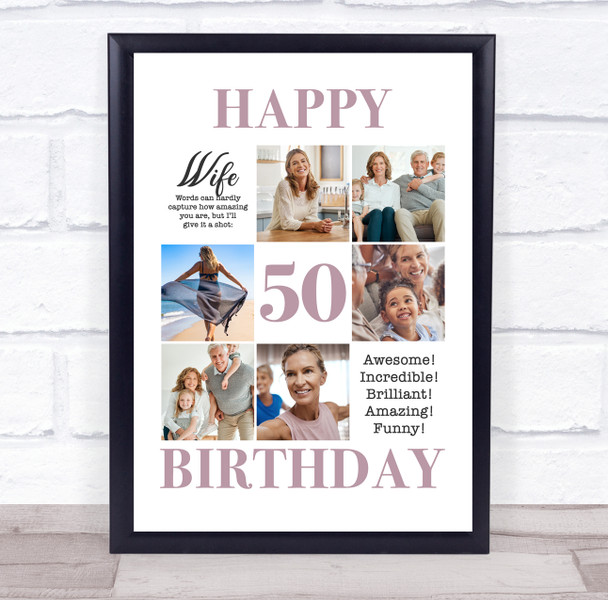 Photo Collage 50th Birthday Gift For Wife 6-Photo Portrait Print Or Canvas