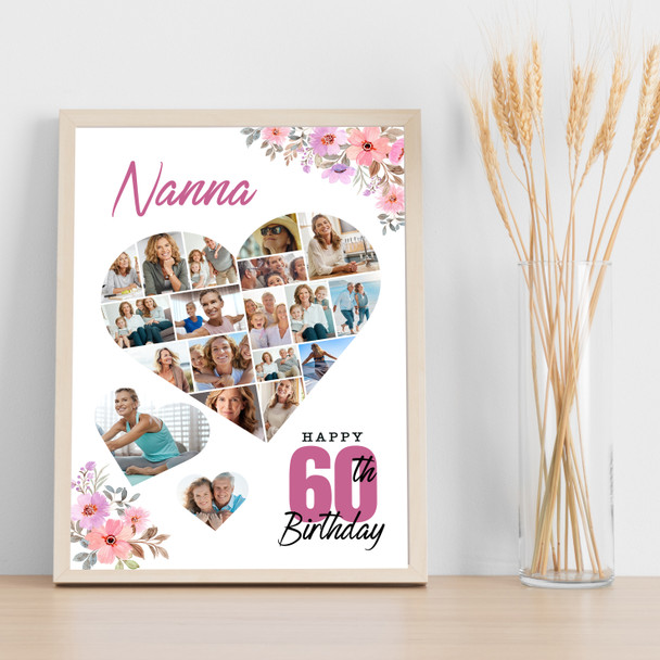 Photo Collage 60th Birthday Gift For Nanna 19-Photo Floral Print Or Canvas