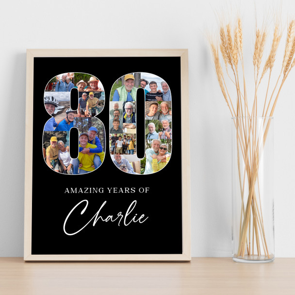 Photo Collage 80th Birthday Gift For Him 16-Photo 80 Black Print Or Canvas