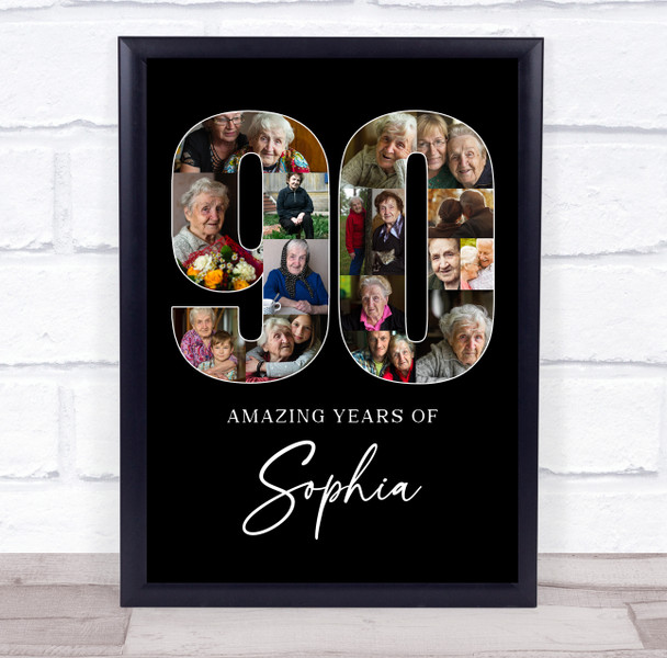 Photo Collage 90th Birthday Gift For Her 16-Photo 90 Black Print Or Canvas