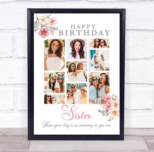 Photo Collage 9-Photo Birthday Gift Pink Floral For Sister Print Or Canvas