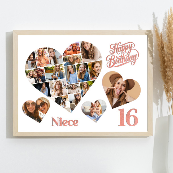 Photo Collage 16th Birthday Gift For Niece 20-Photo Hearts Print Or Canvas