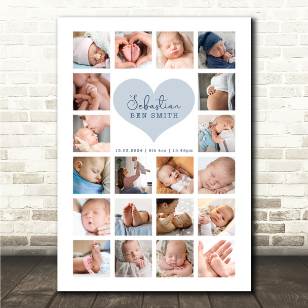 Photo Collage Personalised Gift For New Baby 20-Photo Blue Heart Print Or Canvas
