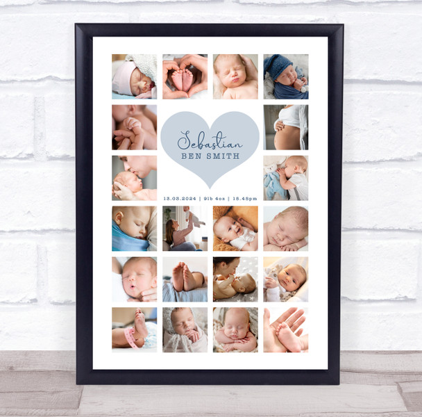 Photo Collage Personalised Gift For New Baby 20-Photo Blue Heart Print Or Canvas