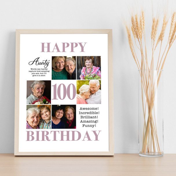 Photo Collage 100th Birthday Personalised Gift For Aunty 6-Photo Print Or Canvas
