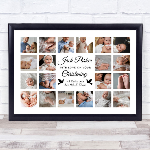 Photo Collage Christening Personalised Gift 20-Photo Black Doves Print Or Canvas