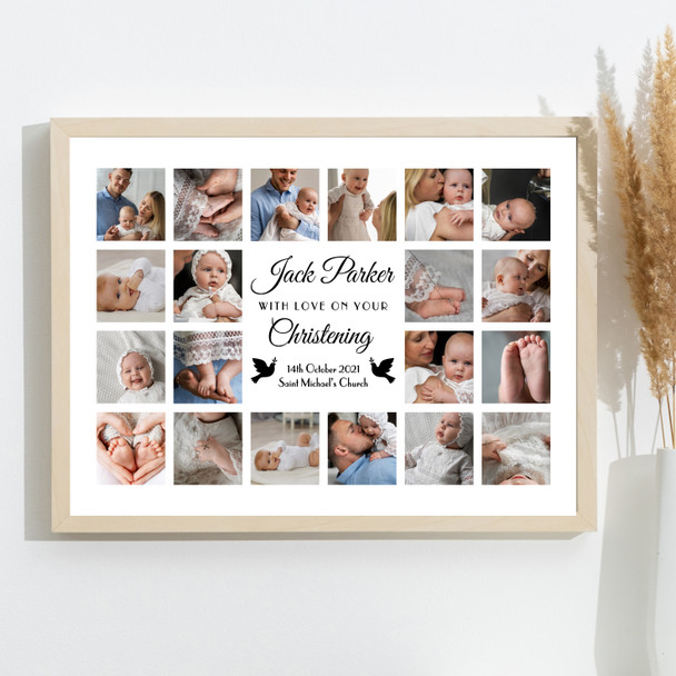 Photo Collage Christening Personalised Gift 20-Photo Black Doves Print Or Canvas