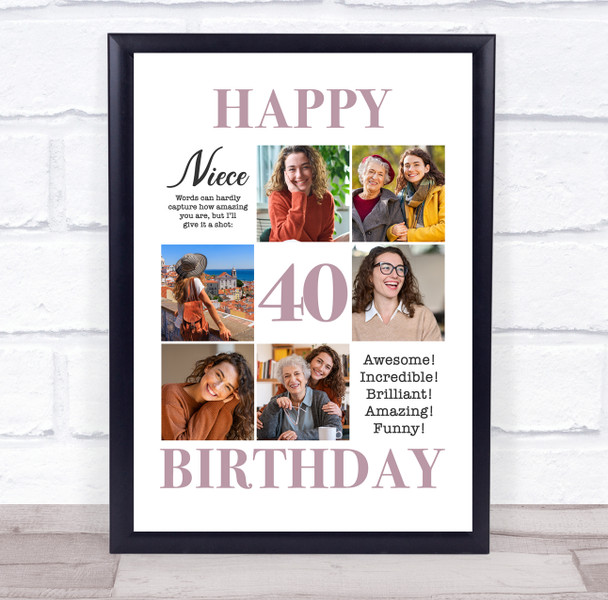 Photo Collage 40th Birthday Personalised Gift For Niece 6-Photo Print Or Canvas